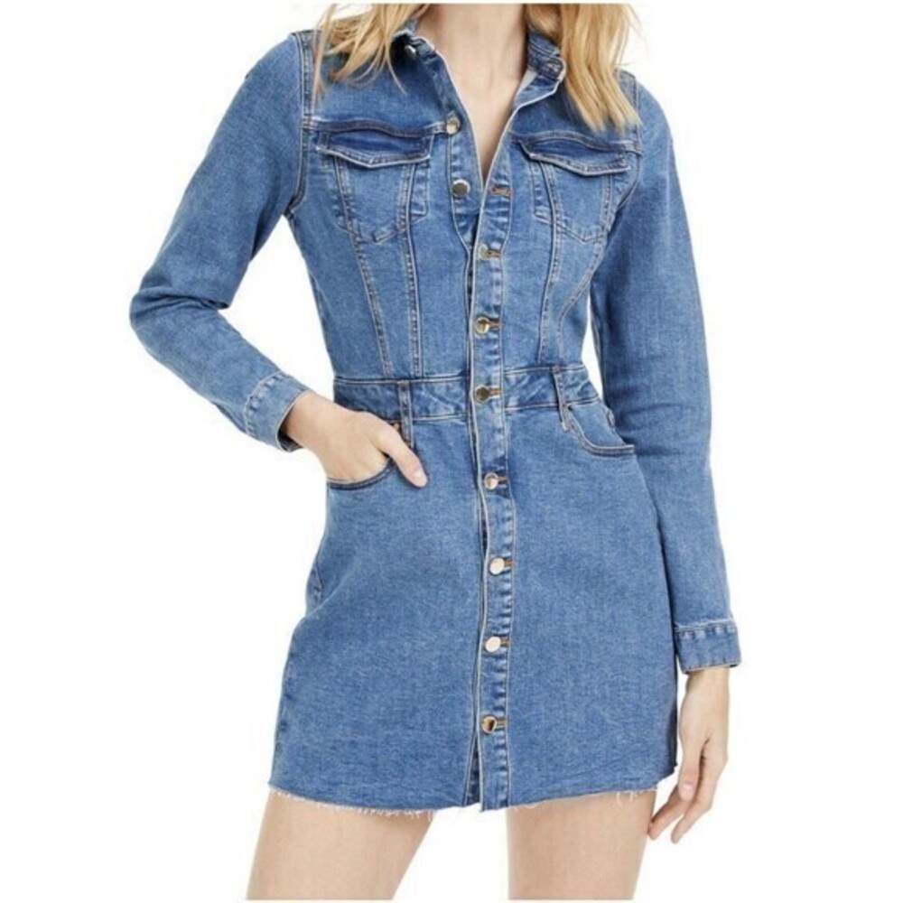Guess Womens M Blue Space Wash Denim DIVA  Dress Long Sleeve Button Down